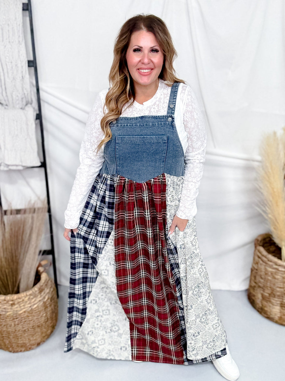 Sleeveless Denim Dress With Plaid & Floral Skirt - Whiskey Skies - ODDI