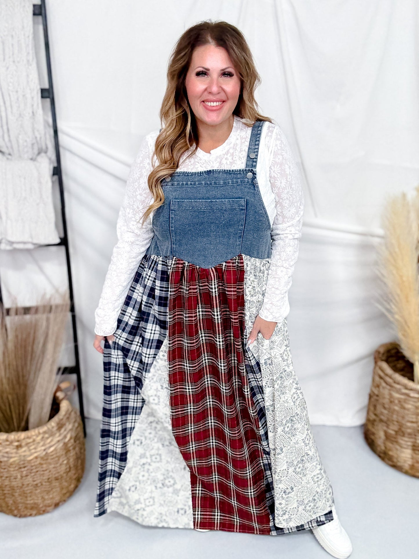Sleeveless Denim Dress With Plaid & Floral Skirt - Whiskey Skies - ODDI