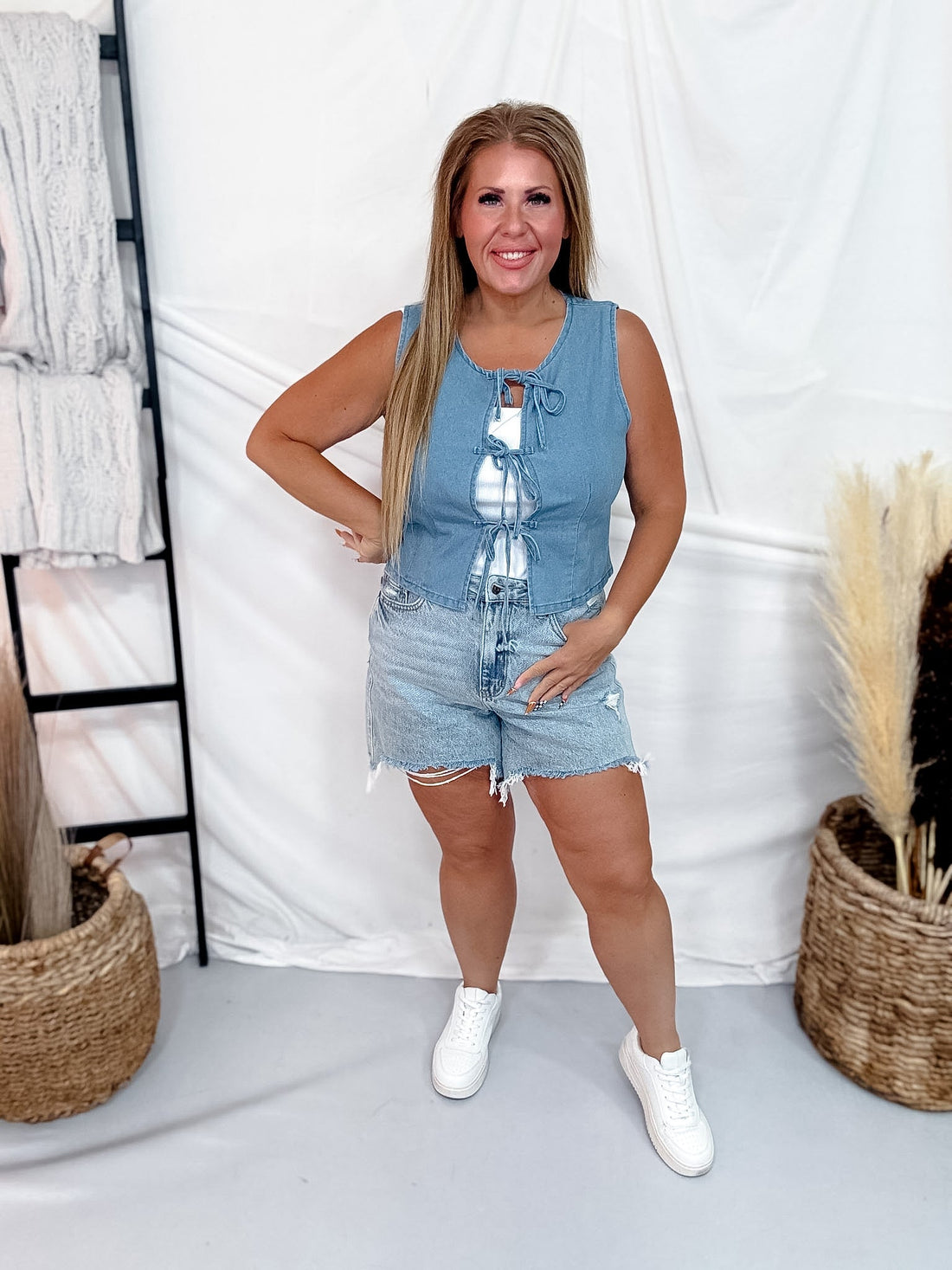 Sleeveless Open Front Denim Top With Bowtie Closures - Whiskey Skies - SWEET GENERIS