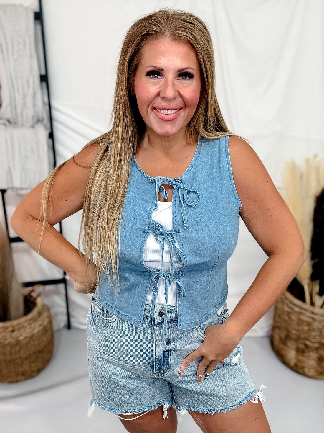 Sleeveless Open Front Denim Top With Bowtie Closures - Whiskey Skies - SWEET GENERIS