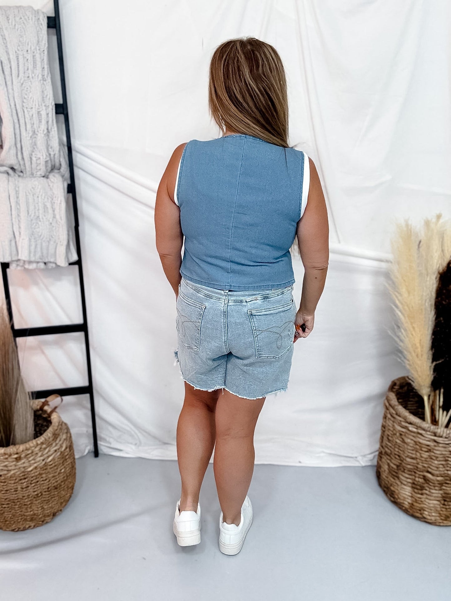 Sleeveless Open Front Denim Top With Bowtie Closures - Whiskey Skies - SWEET GENERIS