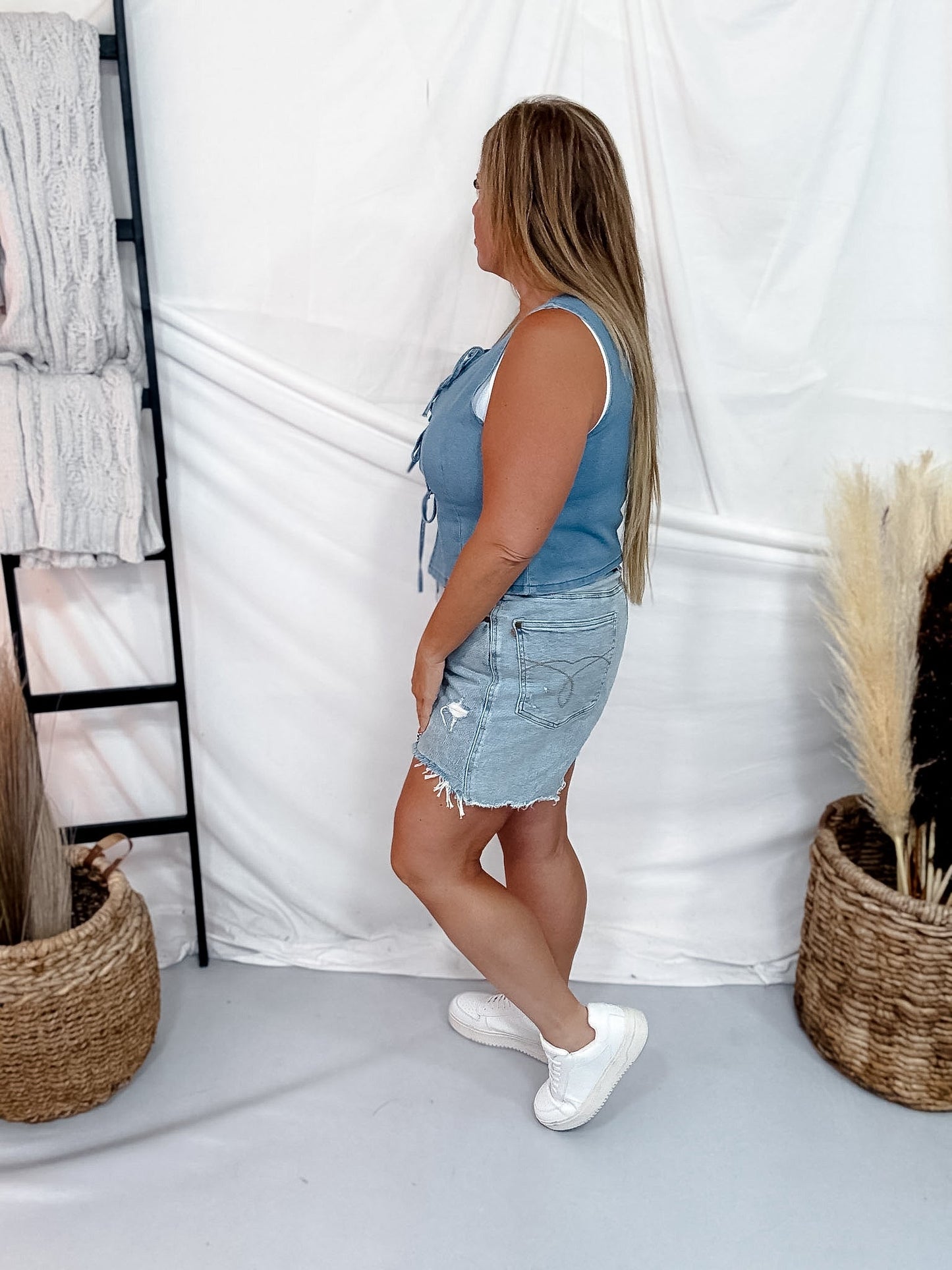 Sleeveless Open Front Denim Top With Bowtie Closures - Whiskey Skies - SWEET GENERIS