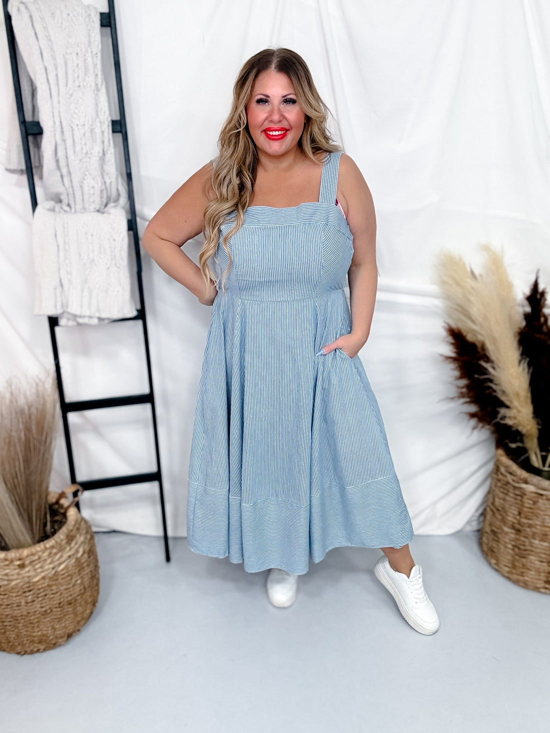 Sleeveless Pinstripe Knit Dress W/ Side Pockets & Back Smocking - Whiskey Skies - WHITE BIRCH
