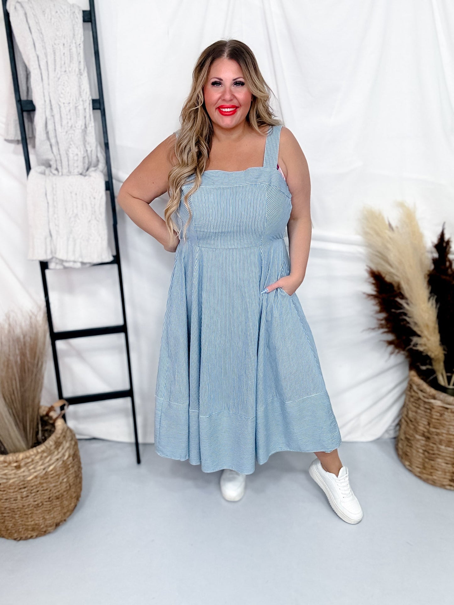 Sleeveless Pinstripe Knit Dress W/ Side Pockets & Back Smocking - Whiskey Skies - WHITE BIRCH