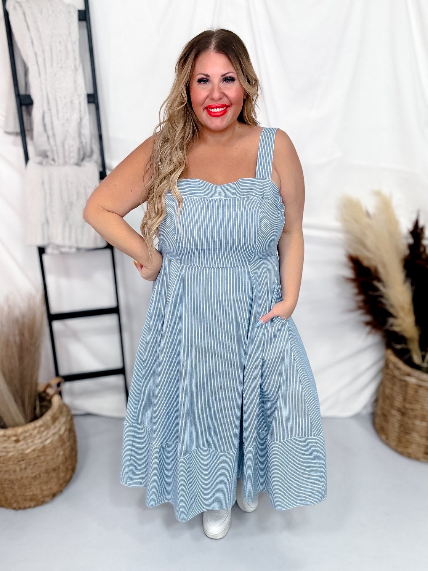 Sleeveless Pinstripe Knit Dress W/ Side Pockets & Back Smocking - Whiskey Skies - WHITE BIRCH