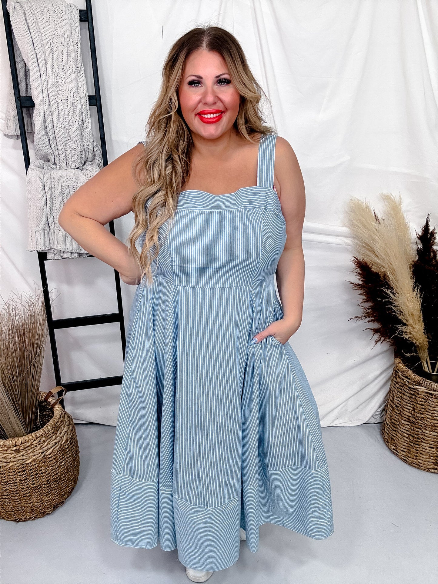 Sleeveless Pinstripe Knit Dress W/ Side Pockets & Back Smocking - Whiskey Skies - WHITE BIRCH