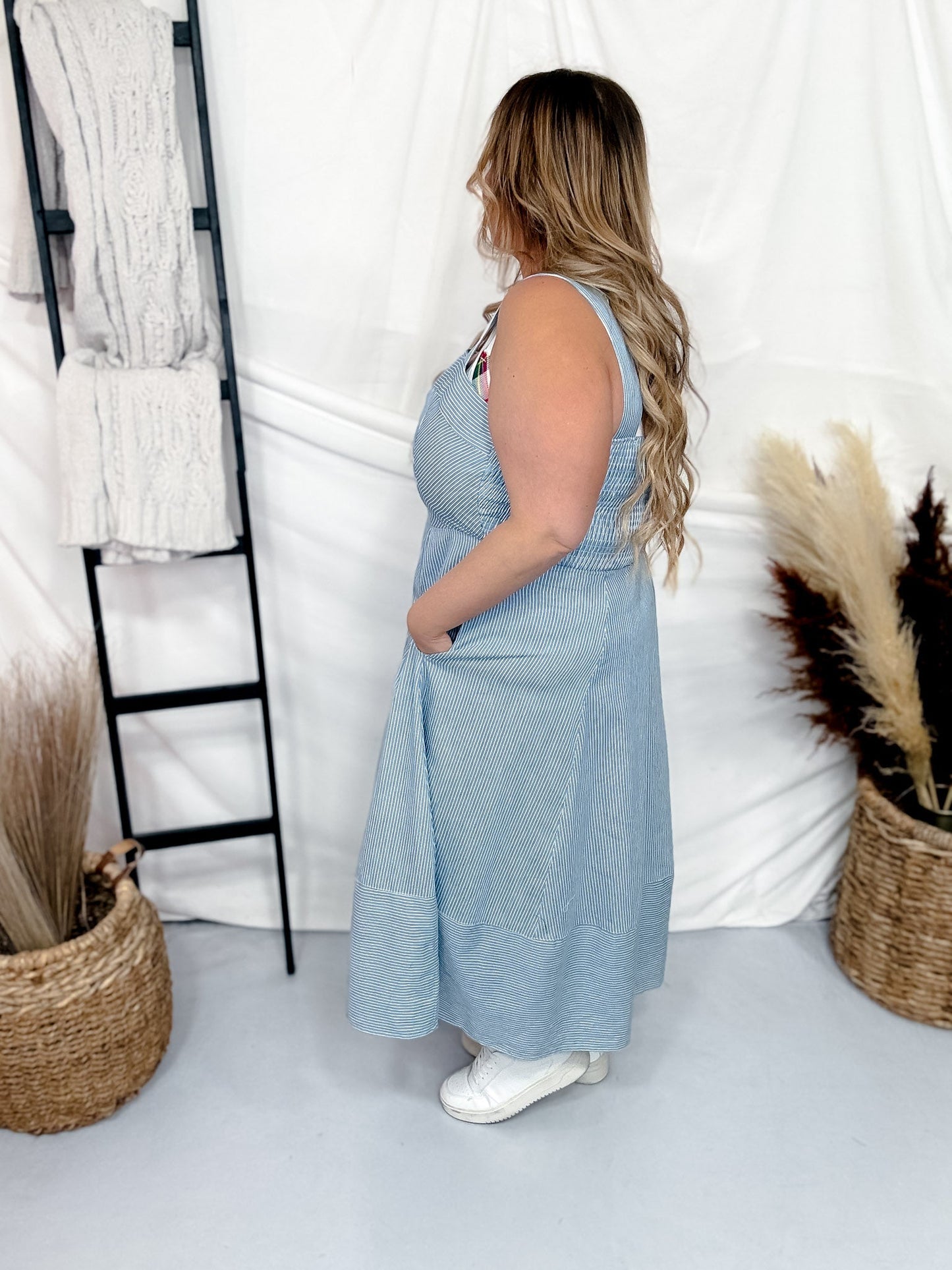 Sleeveless Pinstripe Knit Dress W/ Side Pockets & Back Smocking - Whiskey Skies - WHITE BIRCH