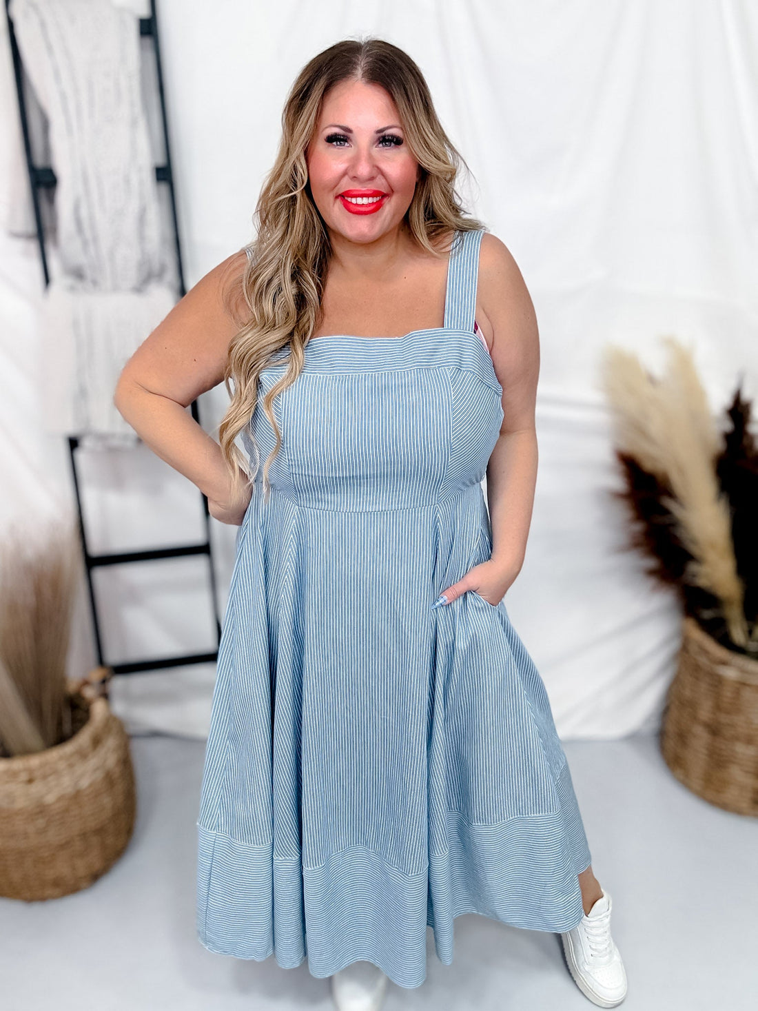 Sleeveless Pinstripe Knit Dress W/ Side Pockets & Back Smocking - Whiskey Skies - WHITE BIRCH