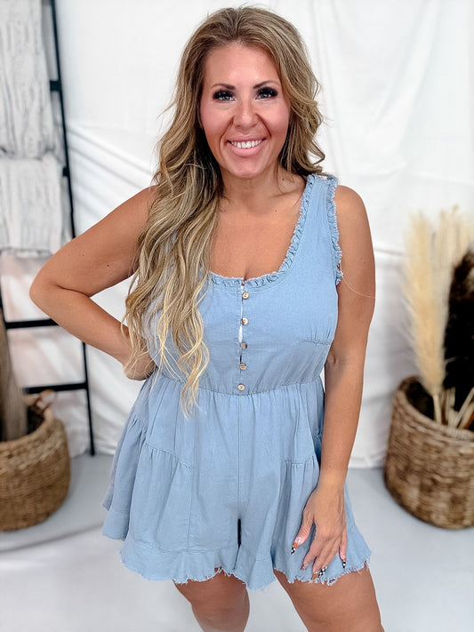 Sleeveless Scoop Neck Chambray Romper With Ruffle Trim - Whiskey Skies - SEW IN LOVE