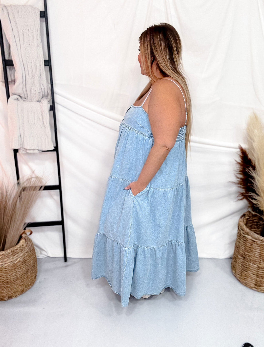 Sleeveless Tiered Light Denim Maxi Dress - Whiskey Skies - WHITE BIRCH