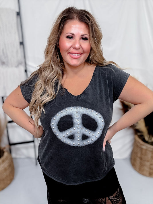 Sleeveless V - Neck Drop Shoulder Peace Sign Top - Whiskey Skies - POL CLOTHING INC.