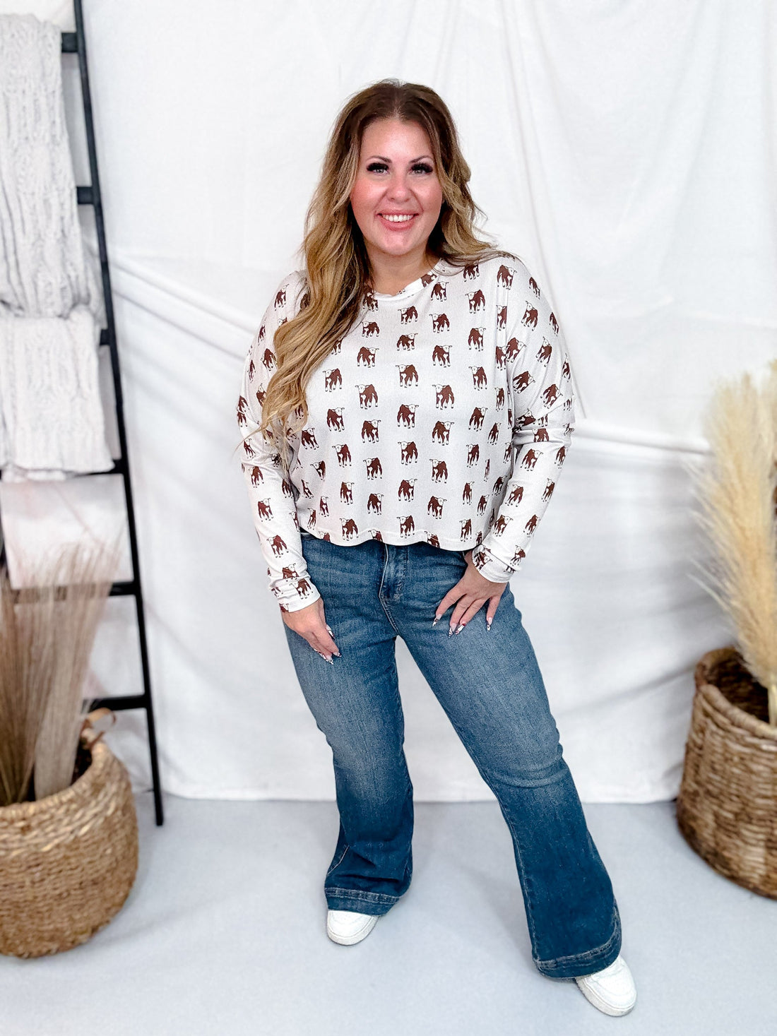 Slightly Ribbed Long Sleeve Calf Print Midi Top - Whiskey Skies - 2 FLY CO.