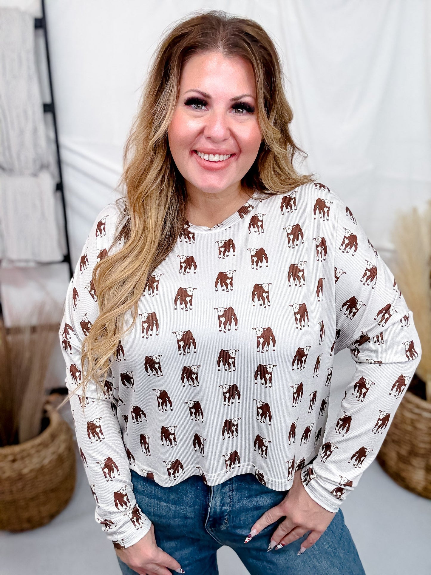 Slightly Ribbed Long Sleeve Calf Print Midi Top - Whiskey Skies - 2 FLY CO.