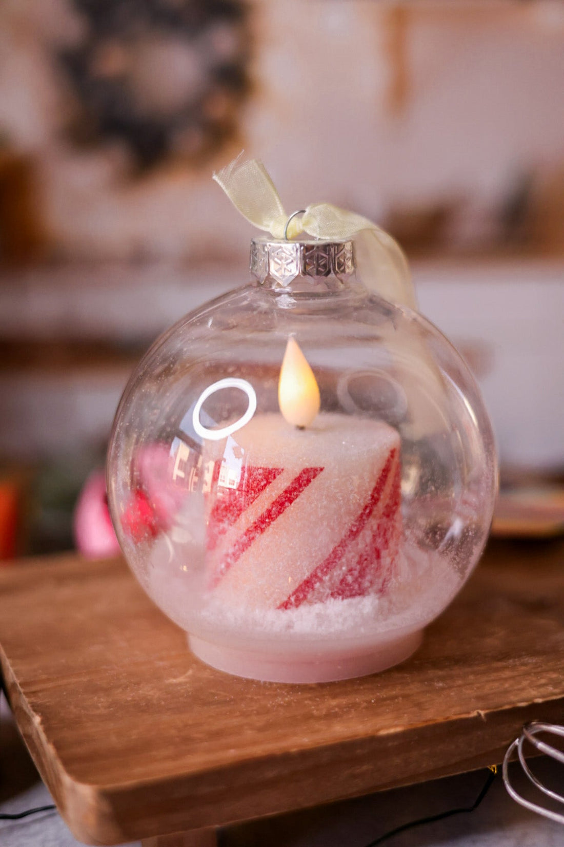 Small Plastic Ball Ornament With LED Candy Cane Candle - Whiskey Skies - WT COLLECTION