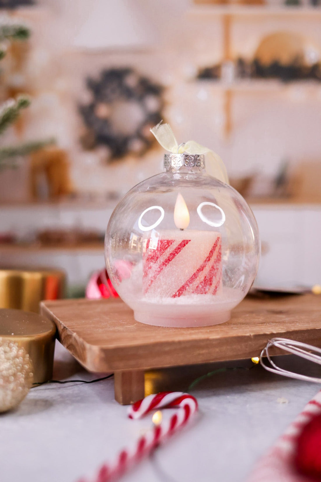 Small Plastic Ball Ornament With LED Candy Cane Candle - Whiskey Skies - WT COLLECTION