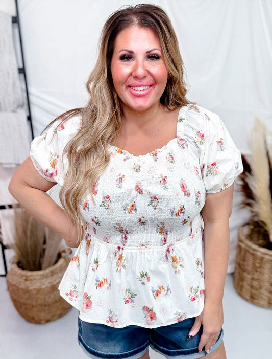 Smocked Floral Print Peplum Top with Puff Sleeves - Whiskey Skies - HAYDEN