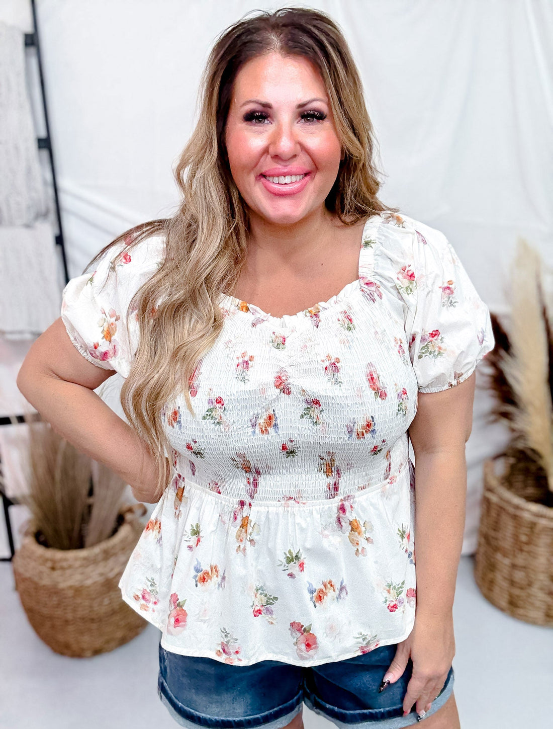 Smocked Floral Print Peplum Top with Puff Sleeves - Whiskey Skies - HAYDEN