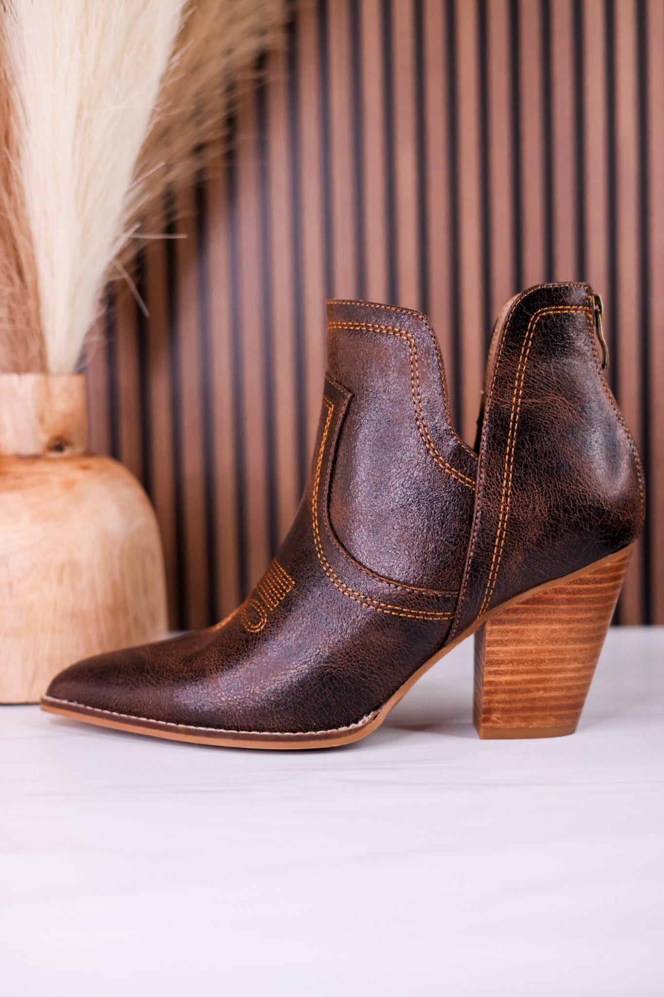 Smoke Show Espresso Faux Leather Western Ankle Boots - Whiskey Skies - CORKYS FOOTWEAR