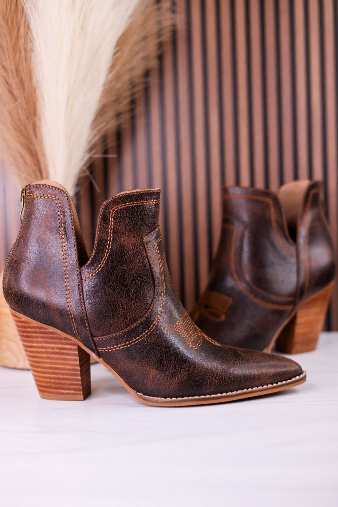 Smoke Show Espresso Faux Leather Western Ankle Boots - Whiskey Skies - CORKYS FOOTWEAR