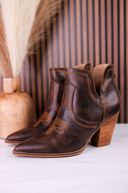 Smoke Show Espresso Faux Leather Western Ankle Boots - Whiskey Skies - CORKYS FOOTWEAR