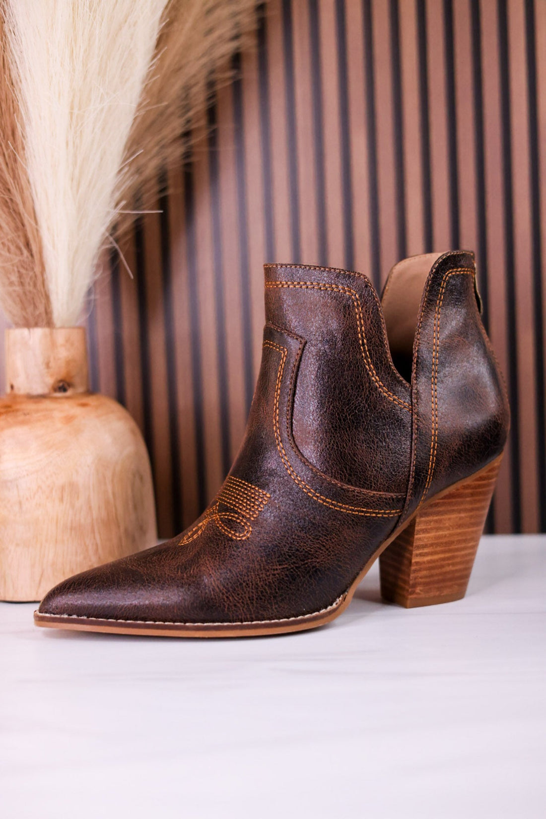 Smoke Show Espresso Faux Leather Western Ankle Boots - Whiskey Skies - CORKYS FOOTWEAR