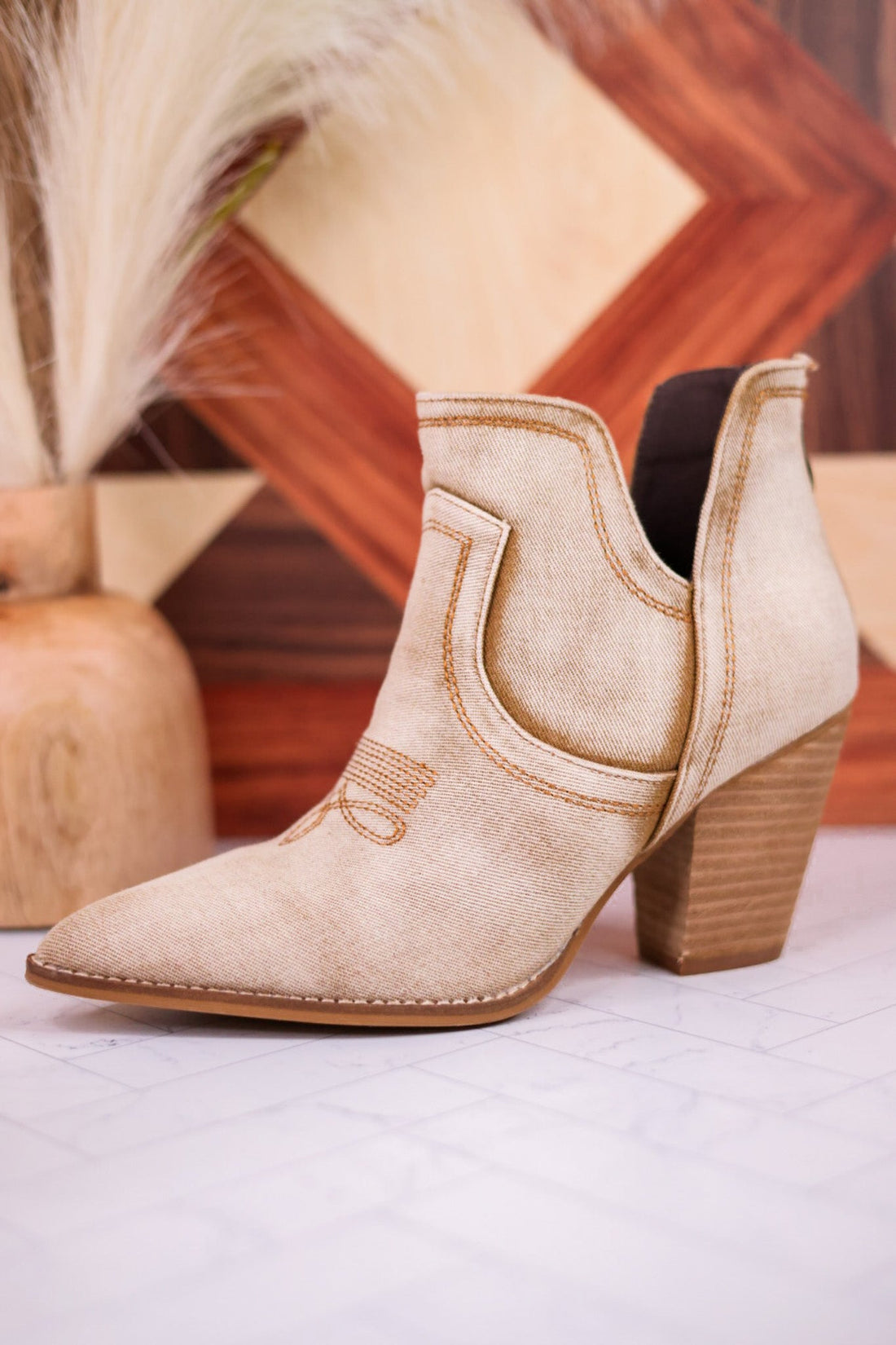 Smoke Show Washed Beige Denim Western Ankle Boots - Whiskey Skies - CORKYS FOOTWEAR