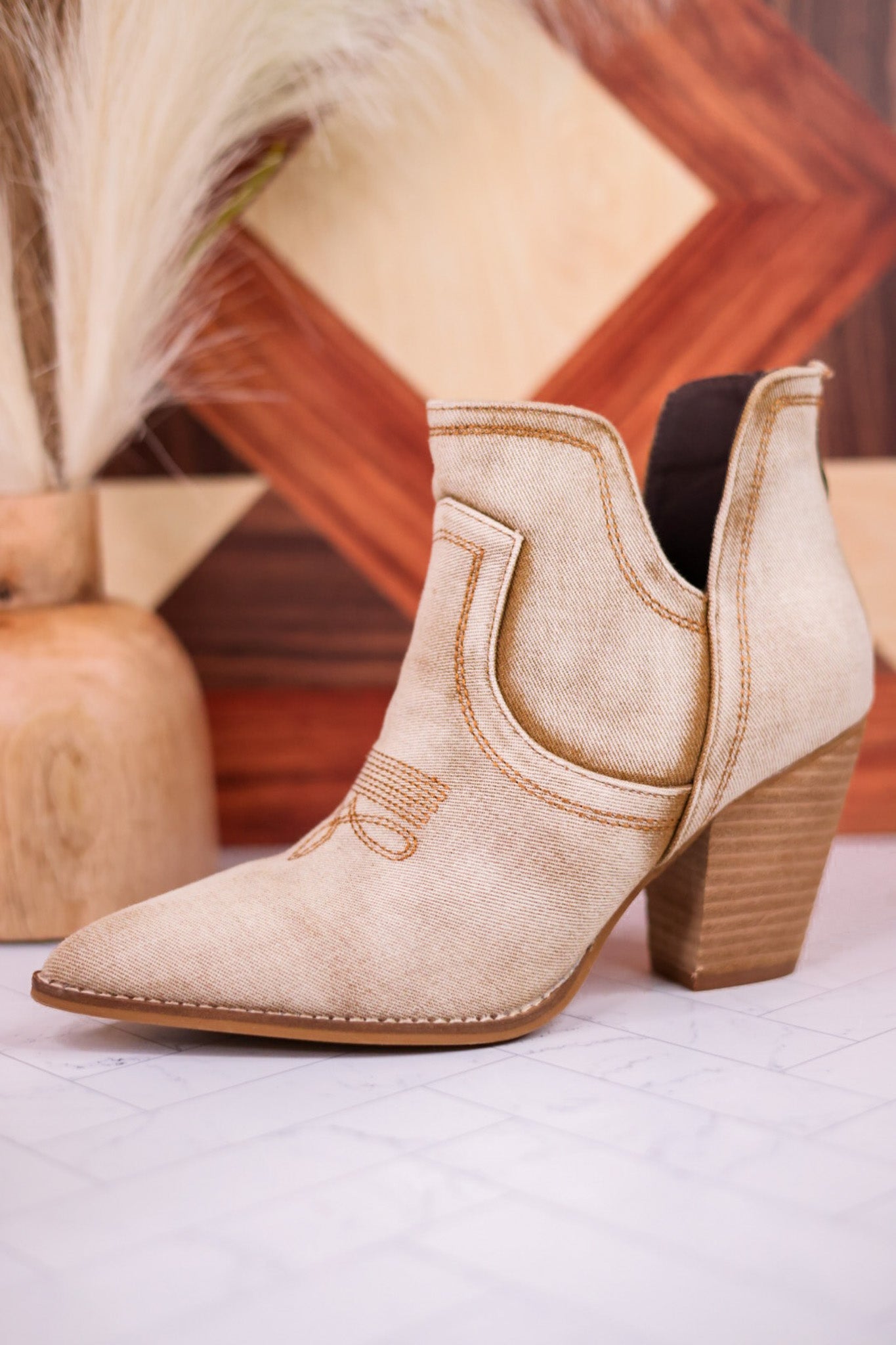 Smoke Show Washed Beige Denim Western Ankle Boots - Whiskey Skies - CORKYS FOOTWEAR