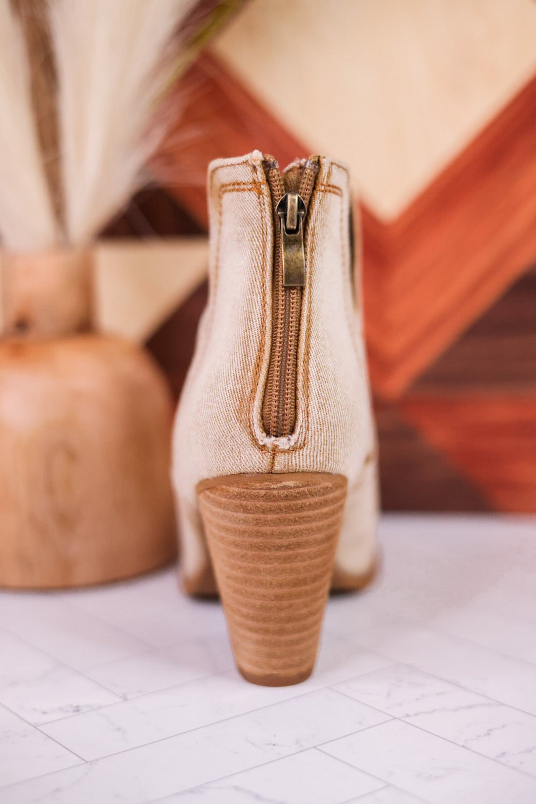 Smoke Show Washed Beige Denim Western Ankle Boots - Whiskey Skies - CORKYS FOOTWEAR