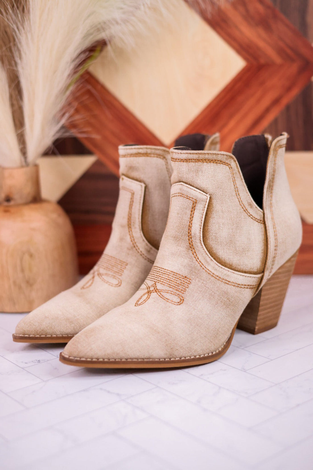 Smoke Show Washed Beige Denim Western Ankle Boots - Whiskey Skies - CORKYS FOOTWEAR