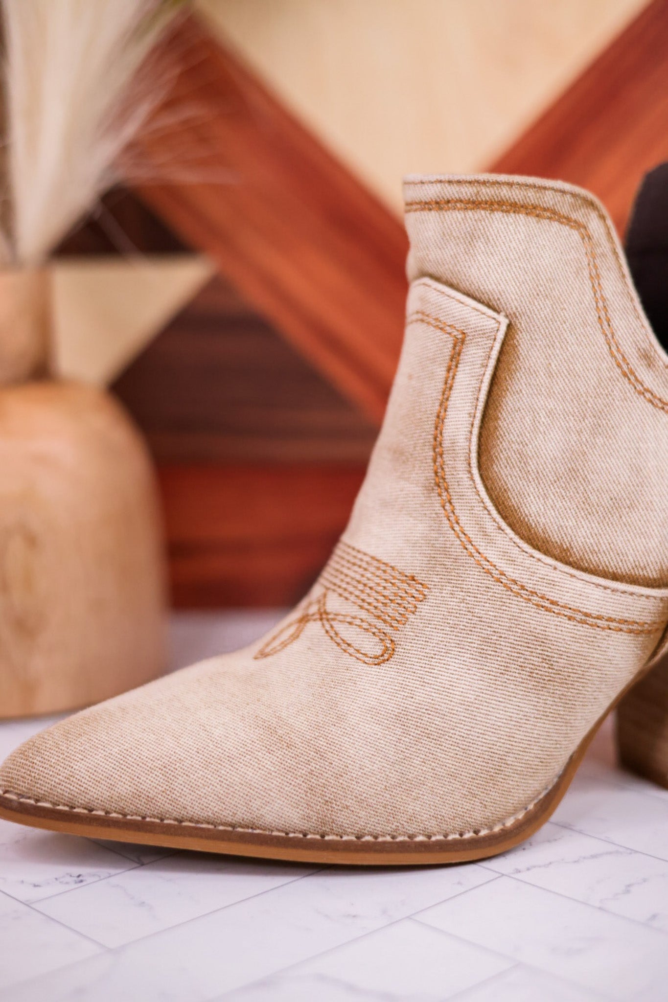 Smoke Show Washed Beige Denim Western Ankle Boots - Whiskey Skies - CORKYS FOOTWEAR