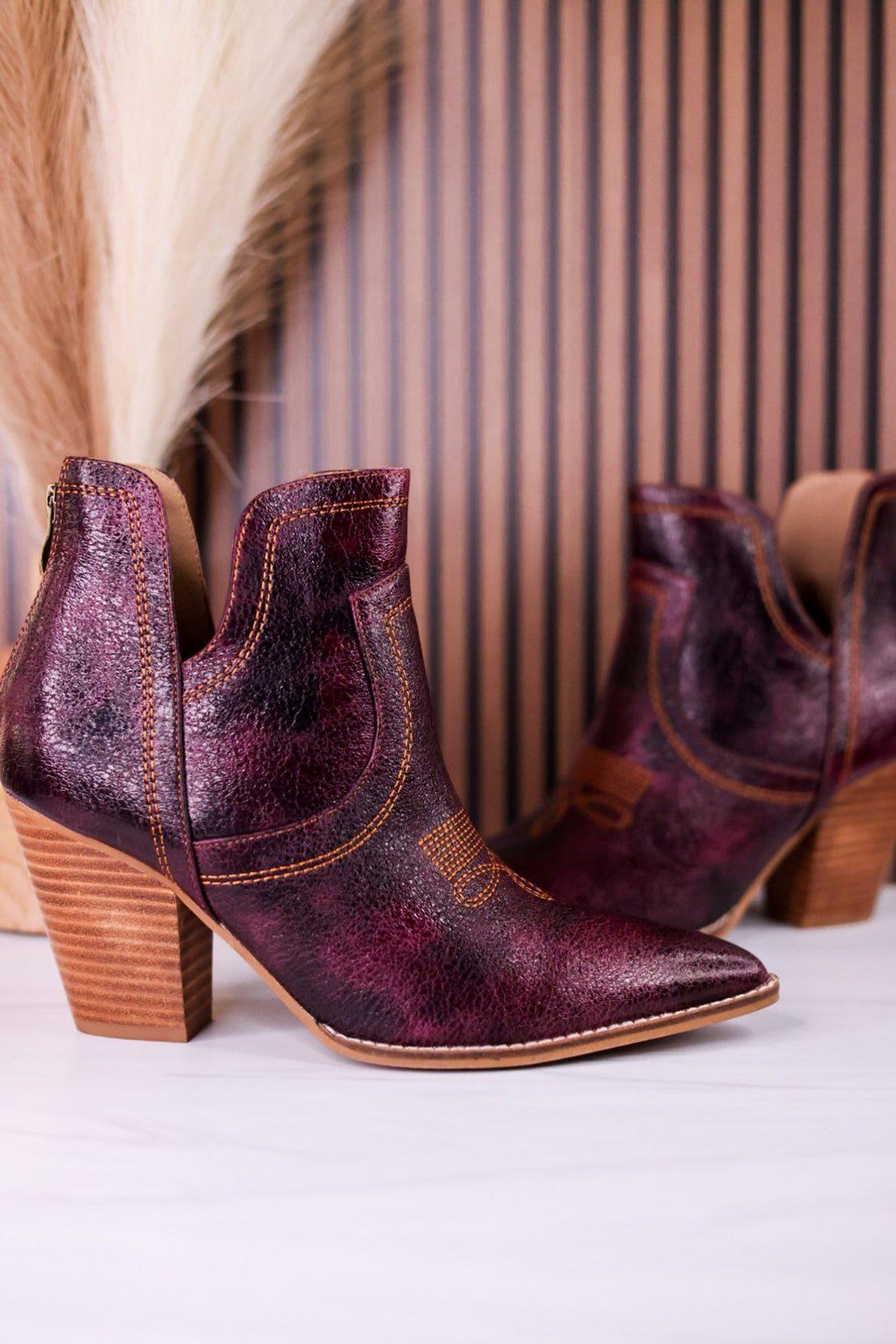 Smoke Show Wine Faux Leather Western Ankle Boots - Whiskey Skies - CORKYS FOOTWEAR