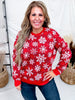 Snowflake Print Knit Sweatshirt In Red - Whiskey Skies - DEAR SCARLETT