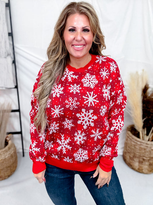 Snowflake Print Knit Sweatshirt In Red - Whiskey Skies - DEAR SCARLETT