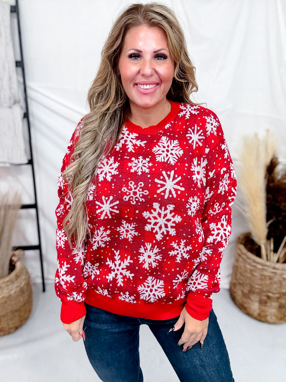 Snowflake Print Knit Sweatshirt In Red - Whiskey Skies - DEAR SCARLETT