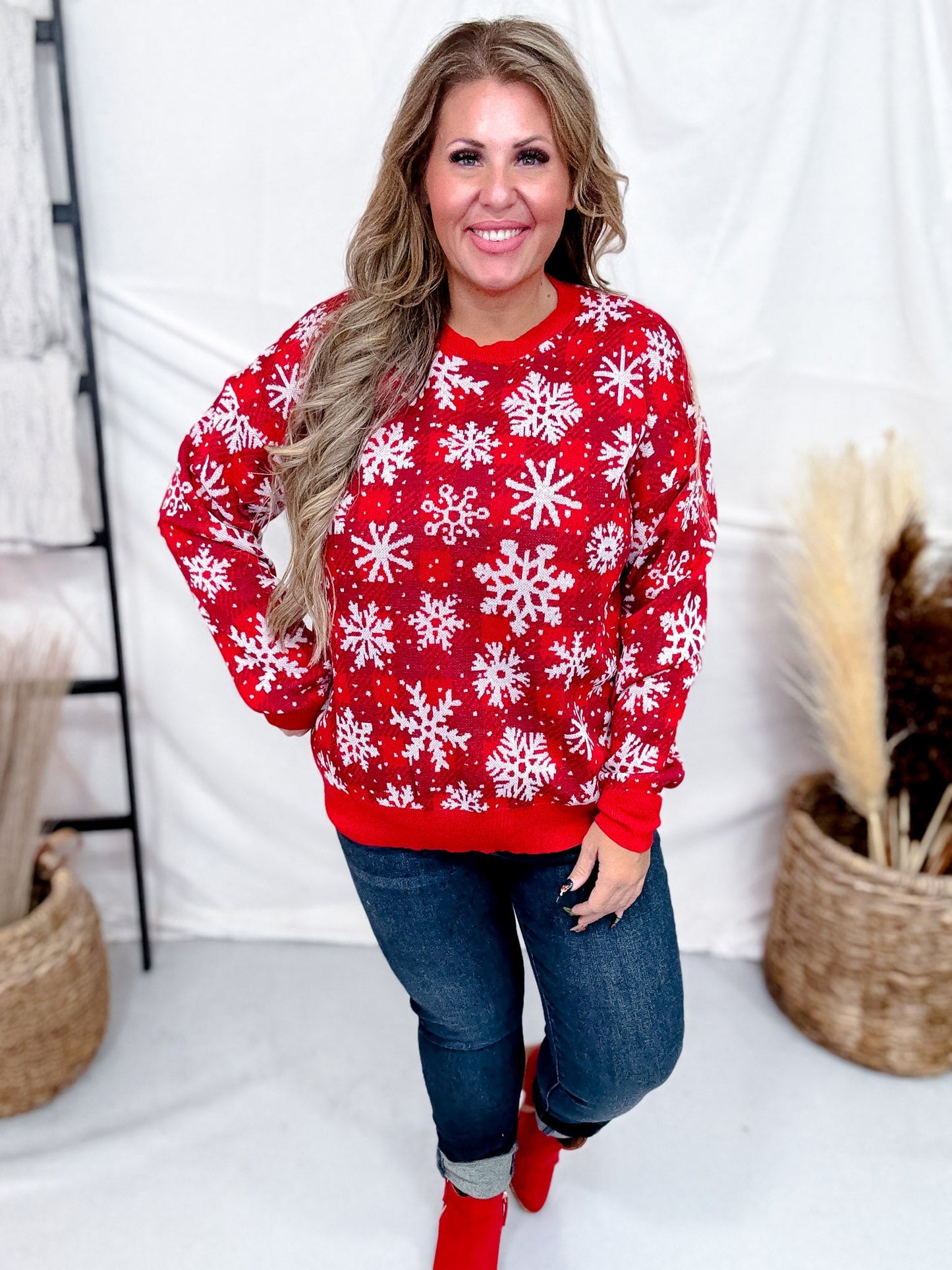 Snowflake Print Knit Sweatshirt In Red - Whiskey Skies - DEAR SCARLETT