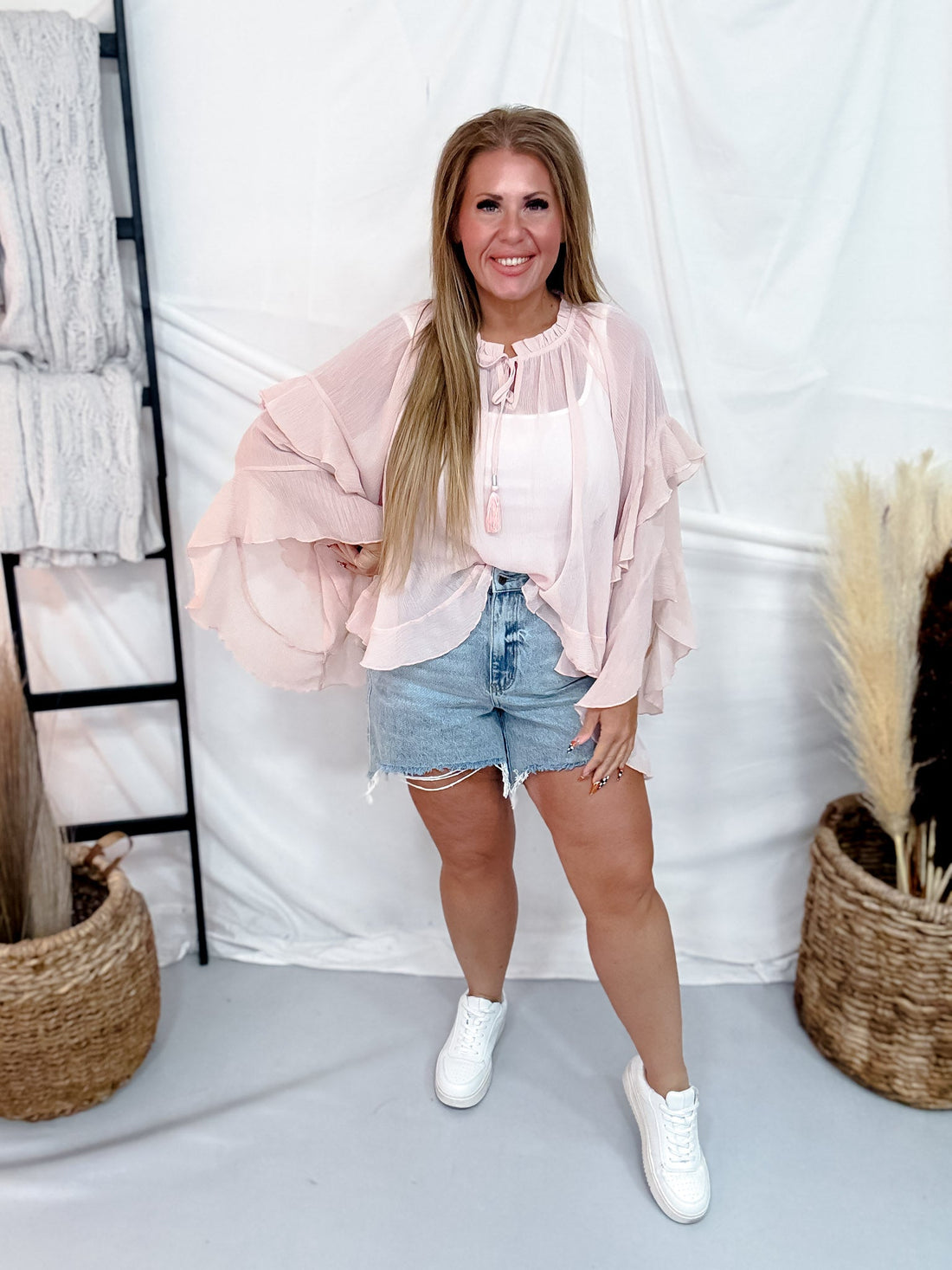 Soft Pink Sheer Chiffon Top With Ruffle Sleeves - Whiskey Skies - ODDI