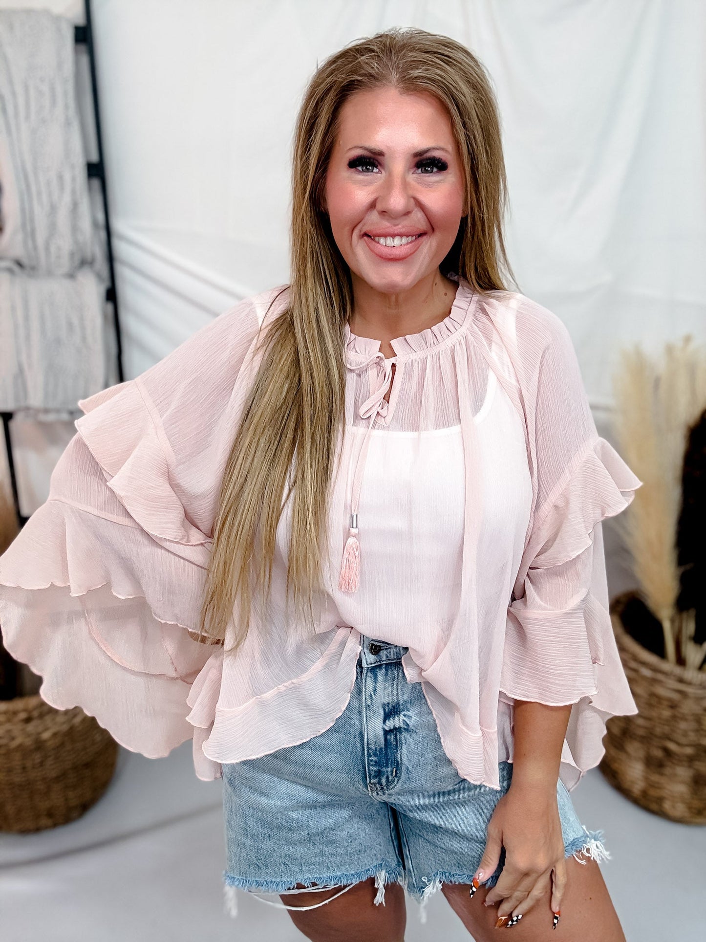 Soft Pink Sheer Chiffon Top With Ruffle Sleeves - Whiskey Skies - ODDI
