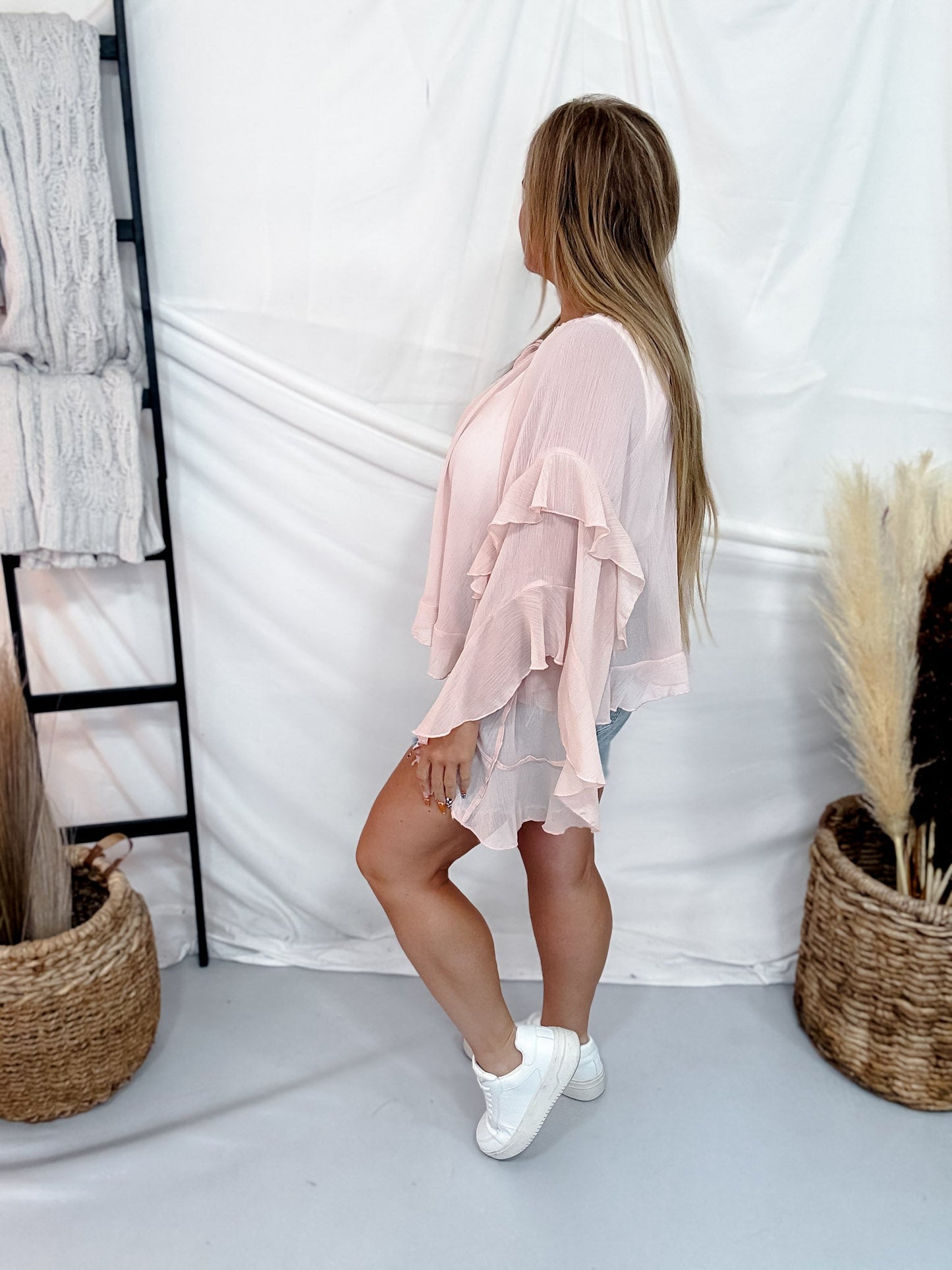 Soft Pink Sheer Chiffon Top With Ruffle Sleeves - Whiskey Skies - ODDI