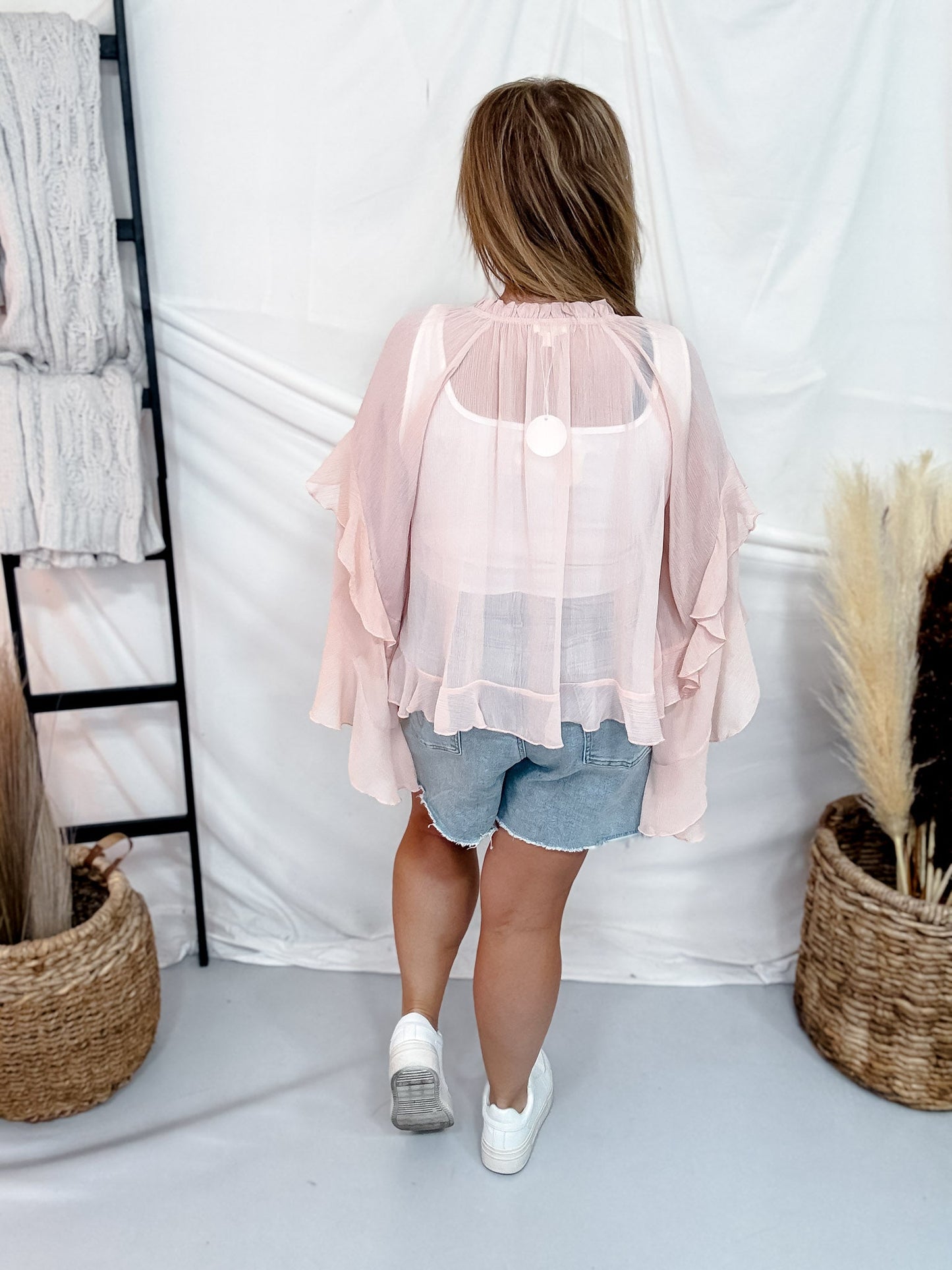 Soft Pink Sheer Chiffon Top With Ruffle Sleeves - Whiskey Skies - ODDI