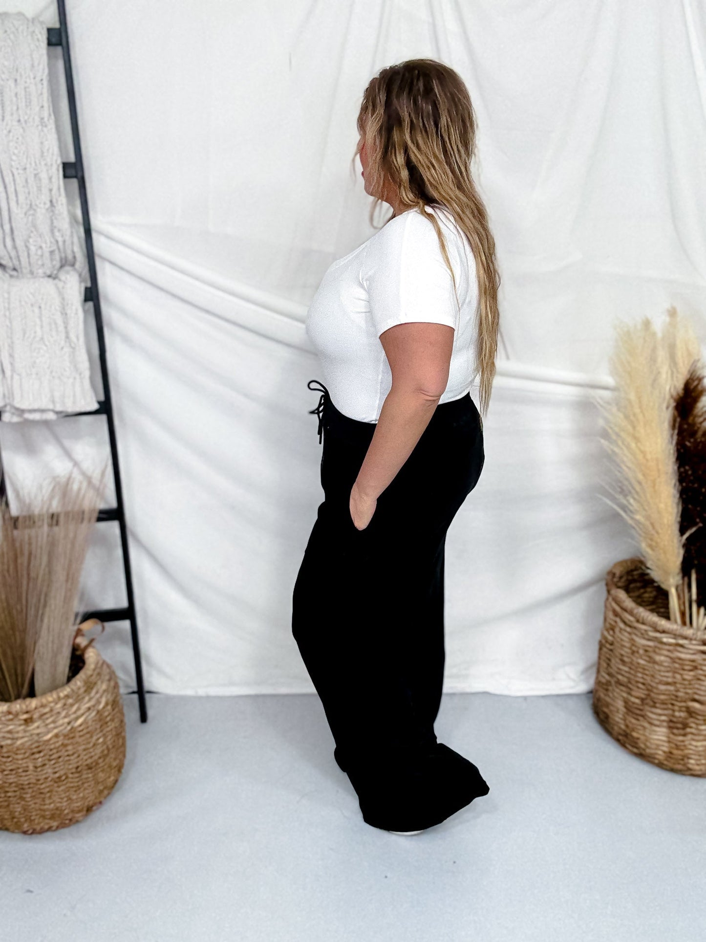 Soft Ribbed Thermal Wide Leg Black Pants - Whiskey Skies - UMGEE
