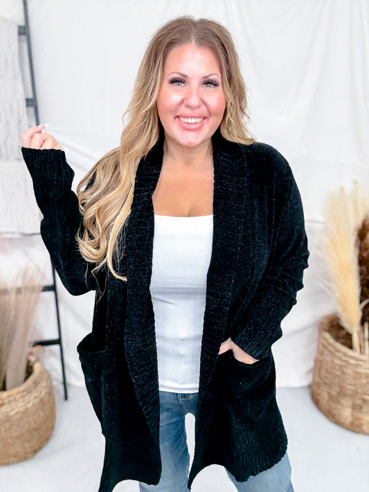 Solid Black Long Sleeve Knit Open Cardigan W/ Pockets - Whiskey Skies - WHITE BIRCH
