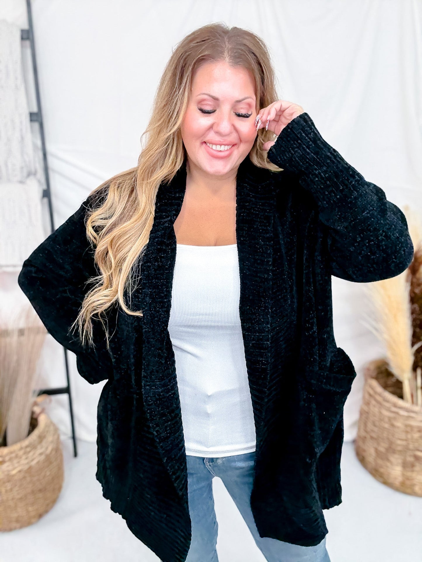 Solid Black Long Sleeve Knit Open Cardigan W/ Pockets - Whiskey Skies - WHITE BIRCH