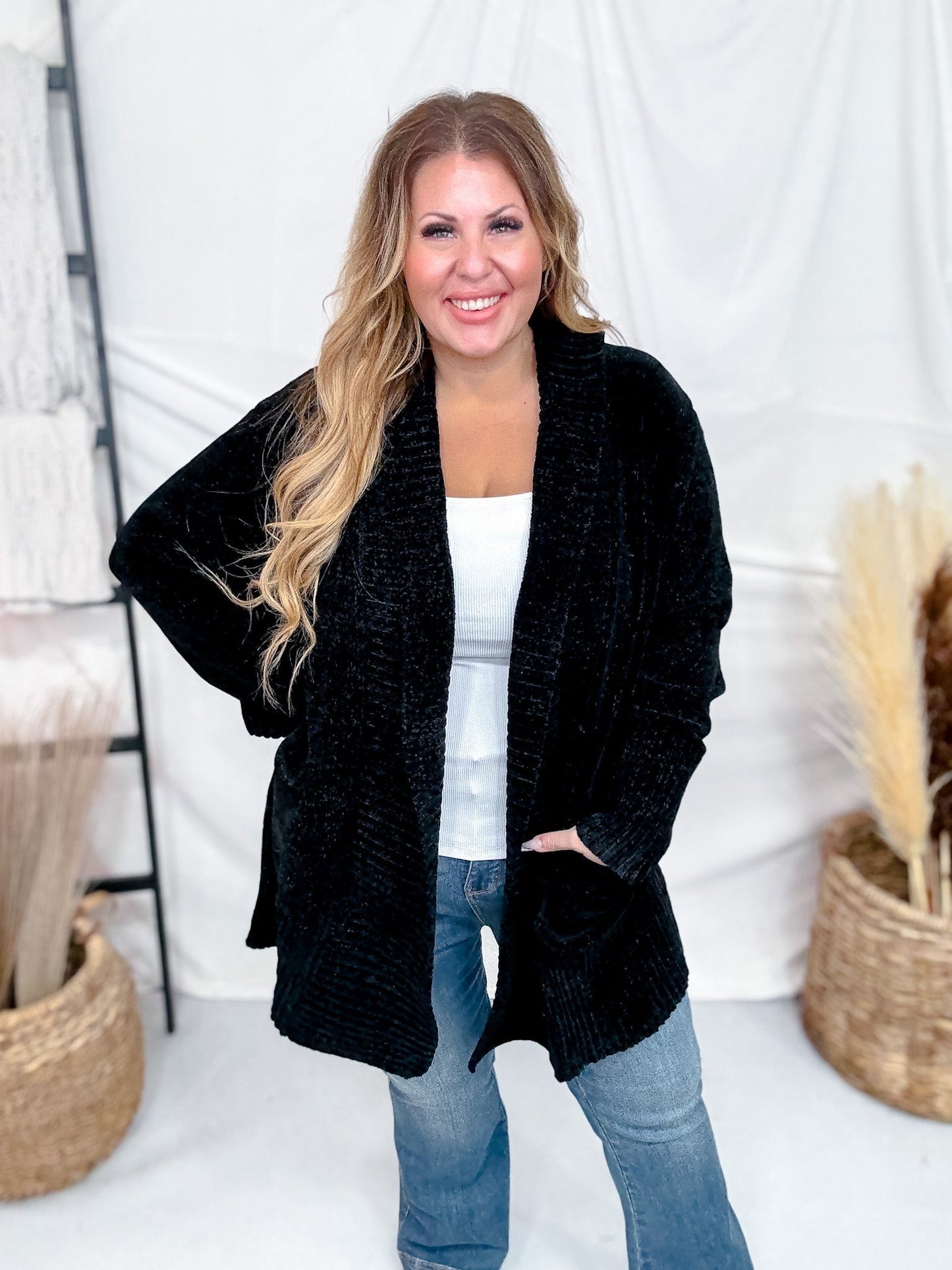 Solid Black Long Sleeve Knit Open Cardigan W/ Pockets - Whiskey Skies - WHITE BIRCH