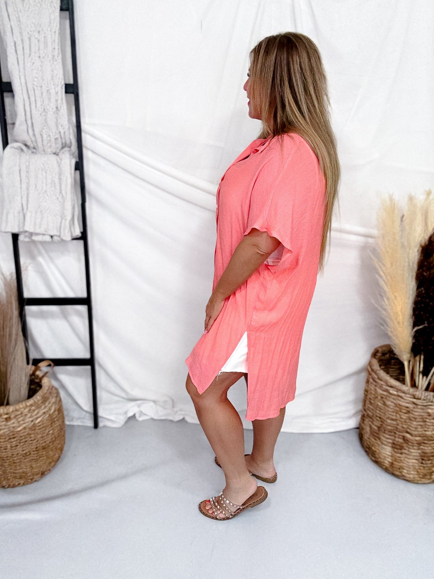 Solid Coral Short Sleeve Button Down - Whiskey Skies - GIGIO