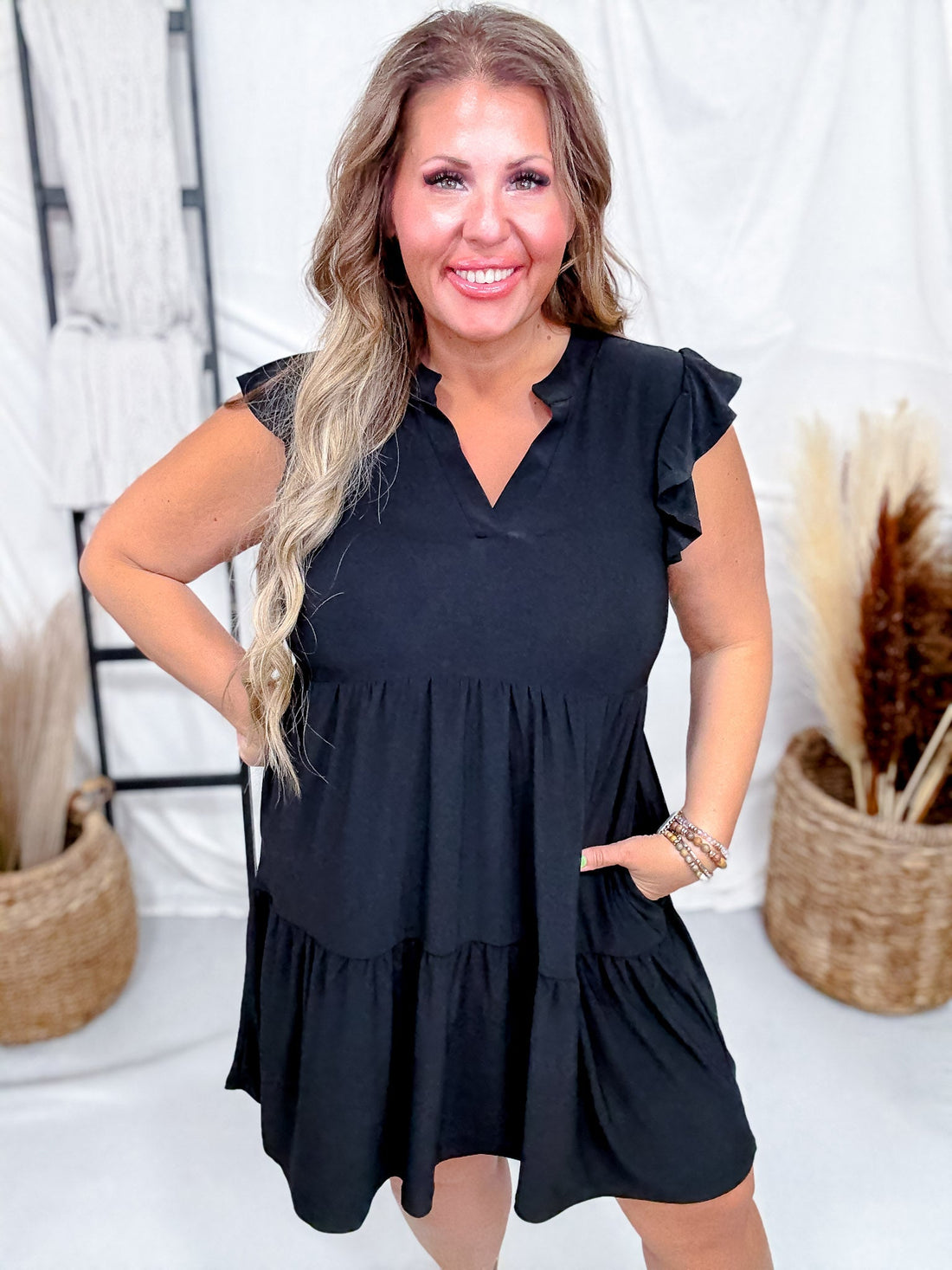 Solid Flutter Sleeve Tiered Wrinkle - Free Dress - Whiskey Skies - DEAR SCARLETT