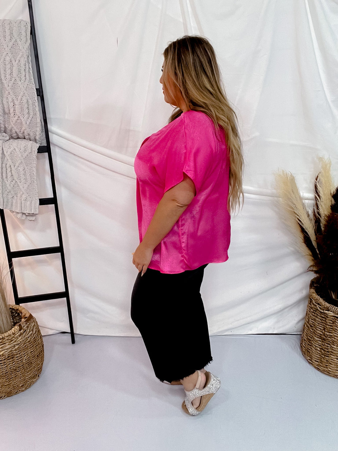 Solid Satin V - Neck Relaxed Fit Top in Hot Pink - Whiskey Skies - ANDREE BY UNIT