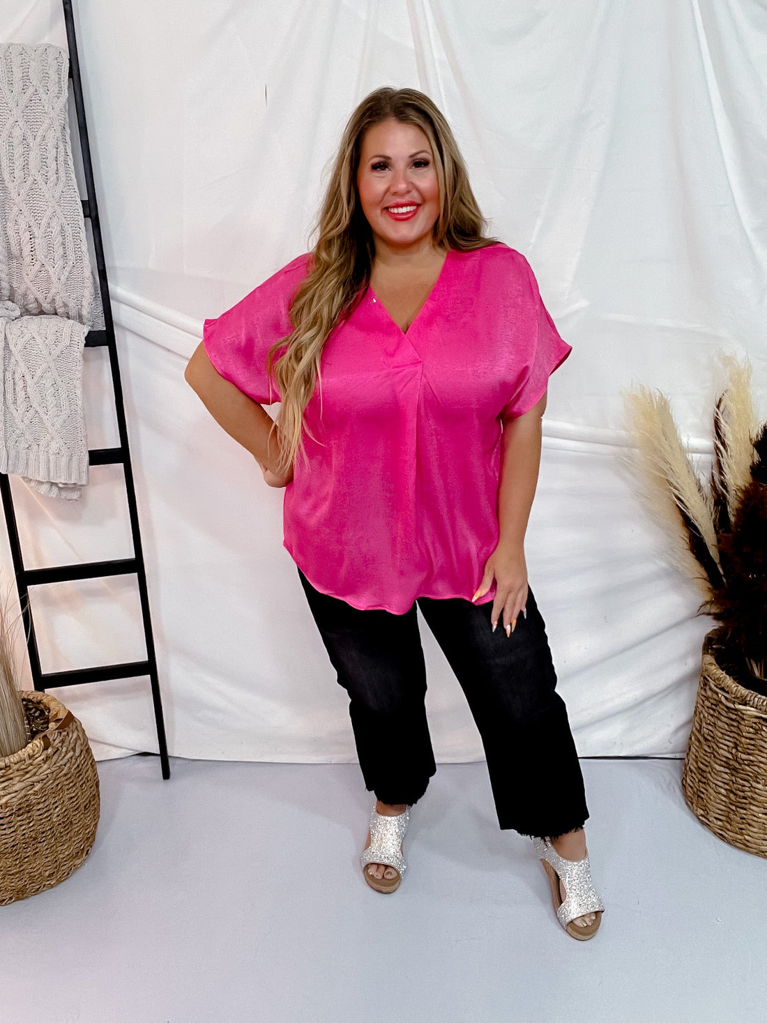 Solid Satin V - Neck Relaxed Fit Top in Hot Pink - Whiskey Skies - ANDREE BY UNIT