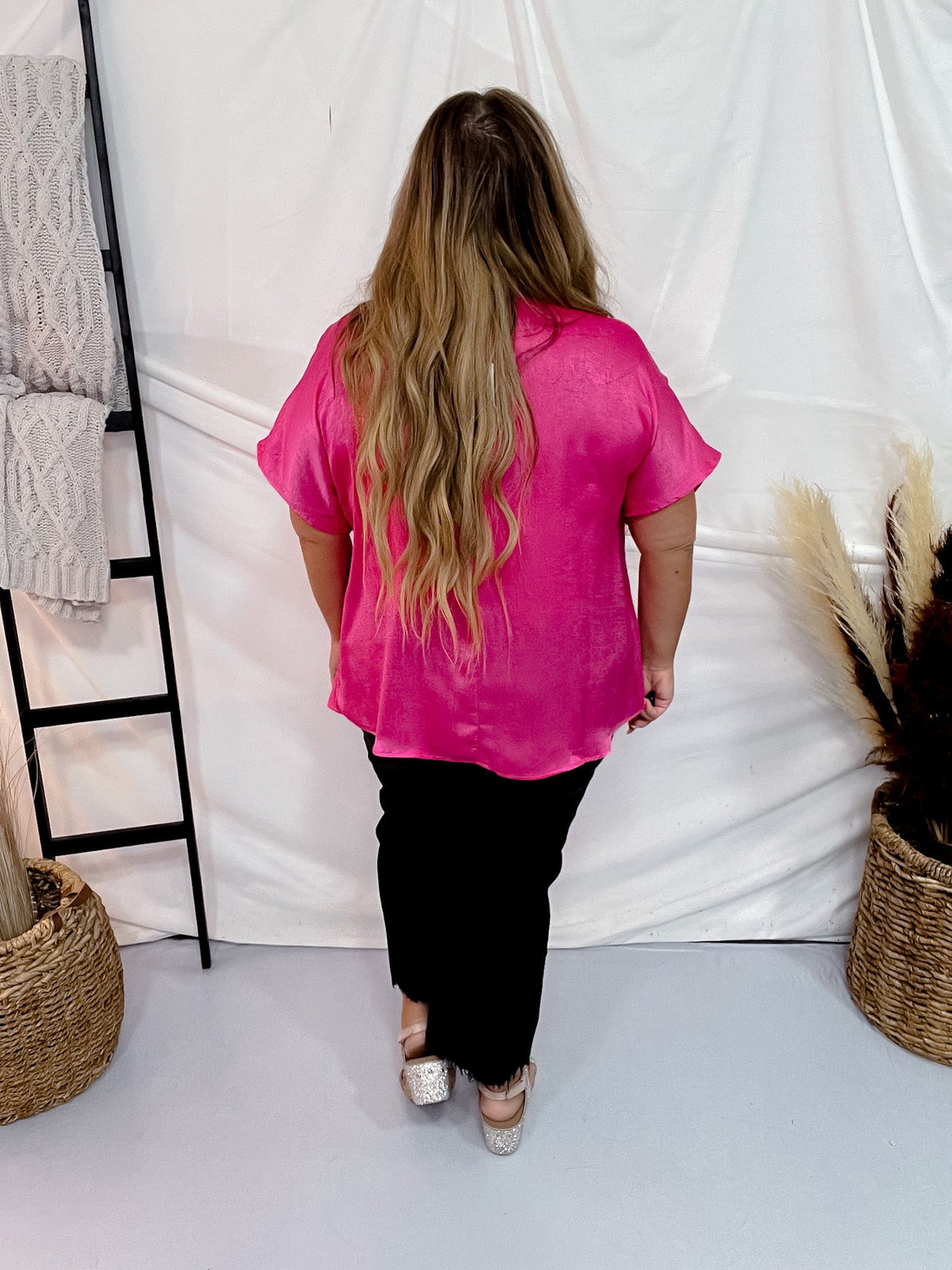 Solid Satin V - Neck Relaxed Fit Top in Hot Pink - Whiskey Skies - ANDREE BY UNIT