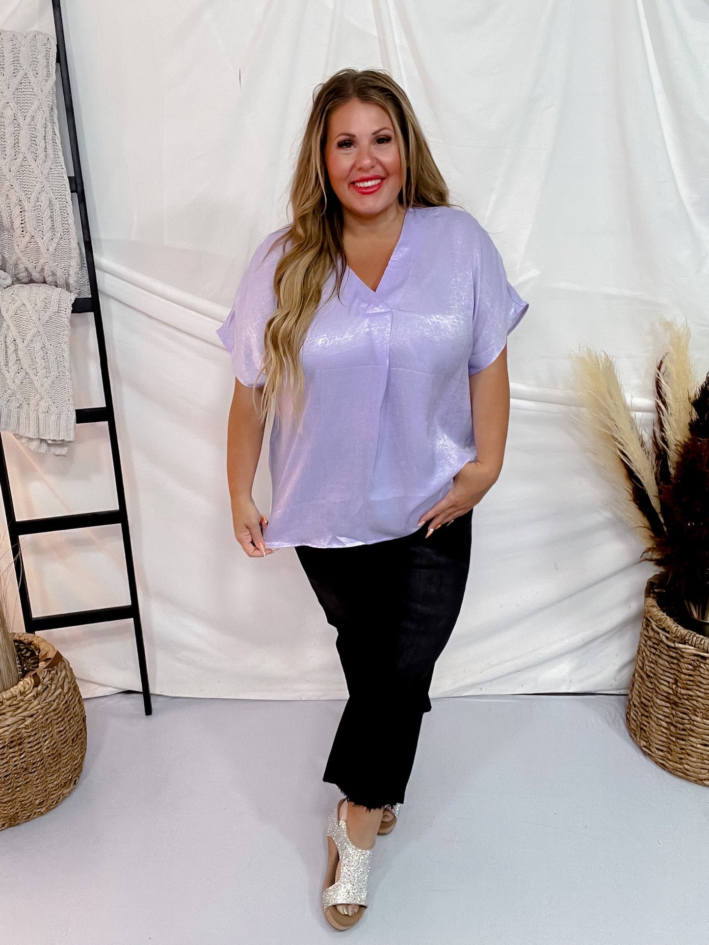 Solid Satin V - Neck Relaxed Fit Top in Lavender - Whiskey Skies - ANDREE BY UNIT