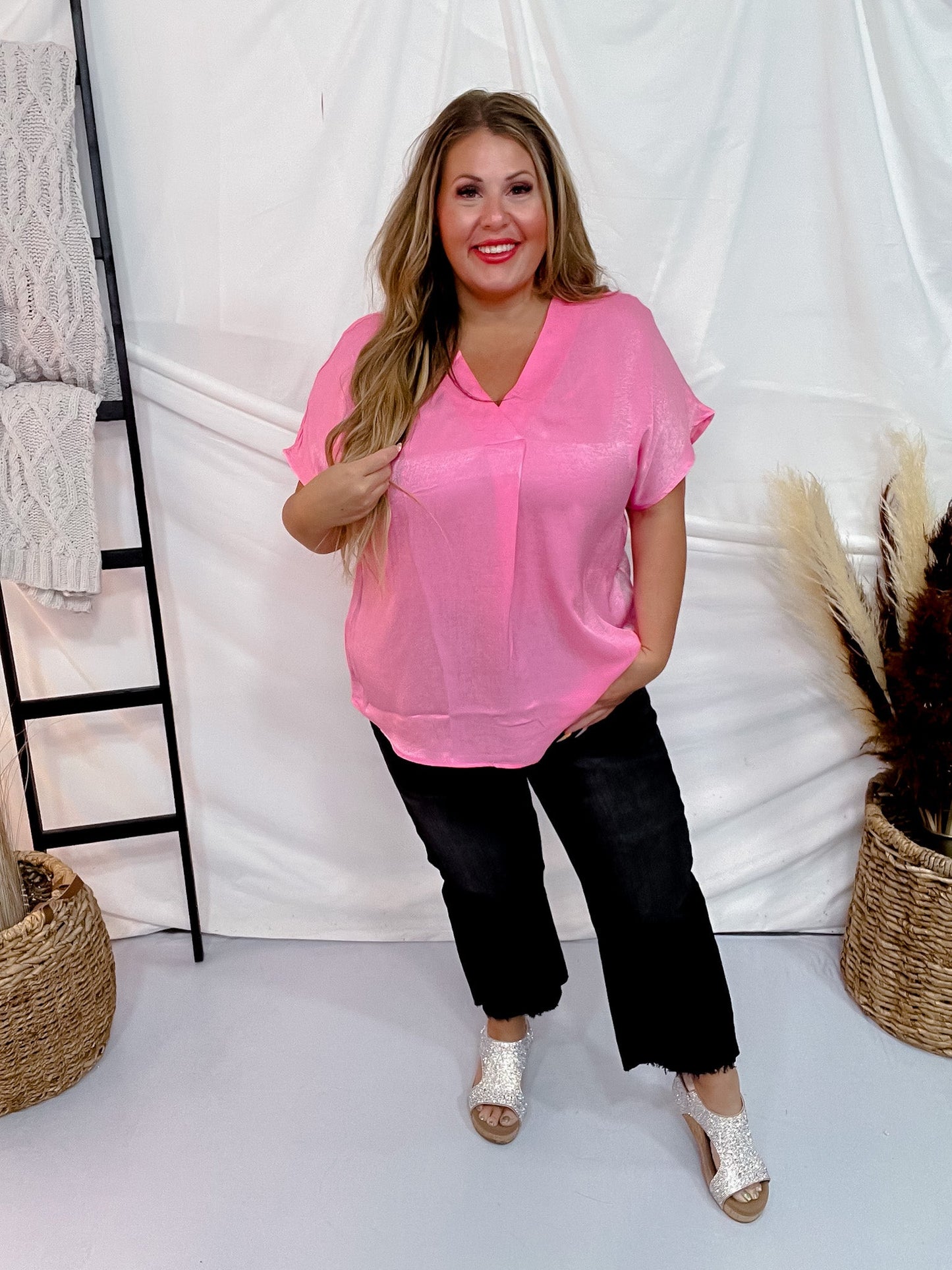 Solid Satin V - Neck Relaxed Fit Top in Pink Cosmos - Whiskey Skies - ANDREE BY UNIT